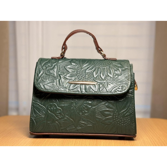 Dark Forest Green Sunflower Embossed Tooled Artisan LEATHER Crossbody Bag Purse - Picture 7 of 16